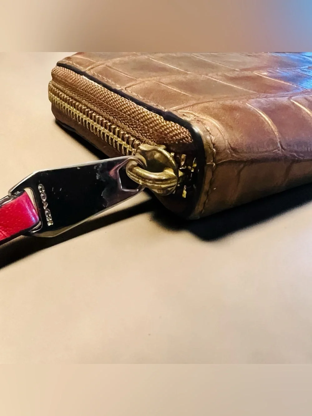 Coach Croc-Embossed Zip Wallet in Metallic Gold